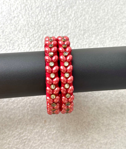 Red Silk Thread Bangles with Pearl Work
