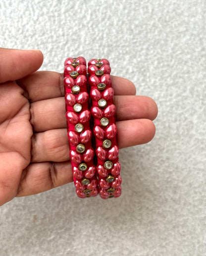 Red Silk Thread Bangles with Pearl Work