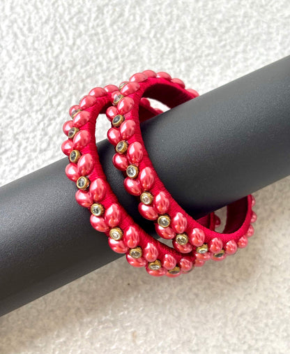 Red Silk Thread Bangles with Pearl Work