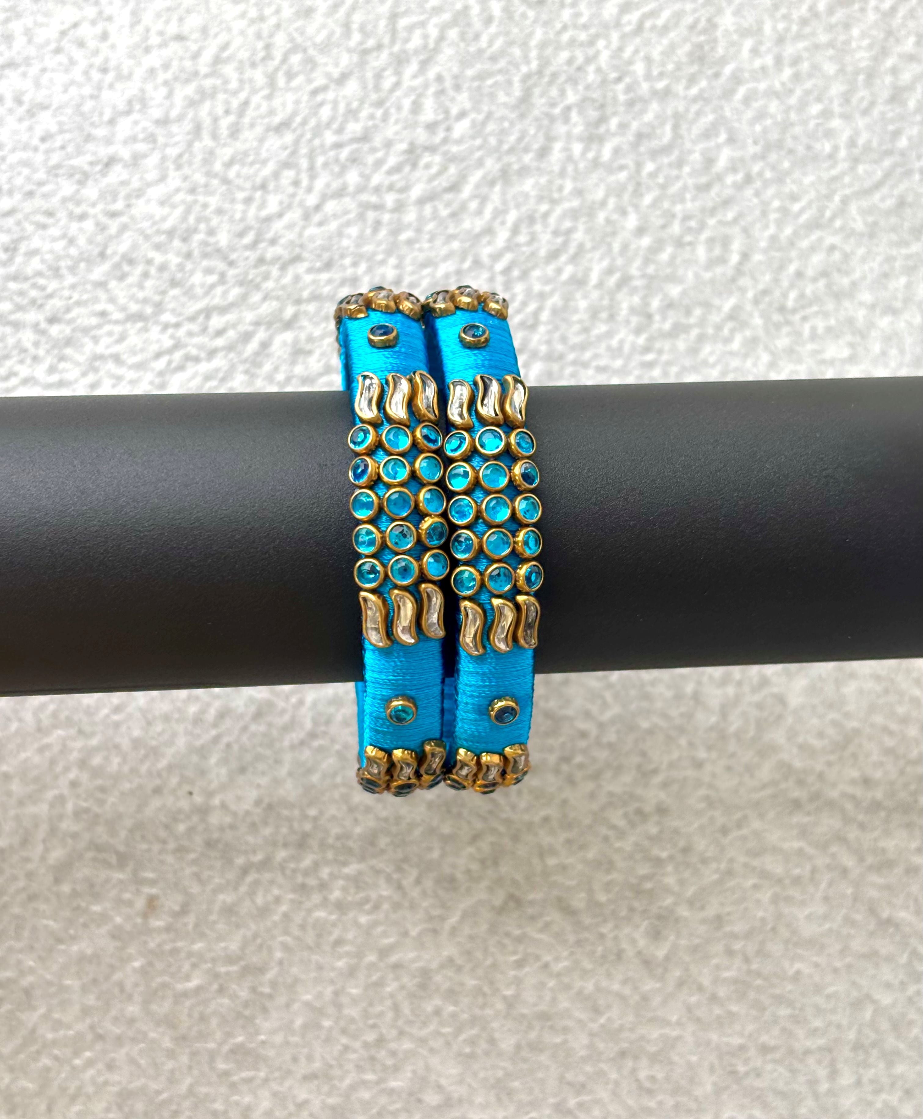Sky Blue Bangles with Rhinestone Work