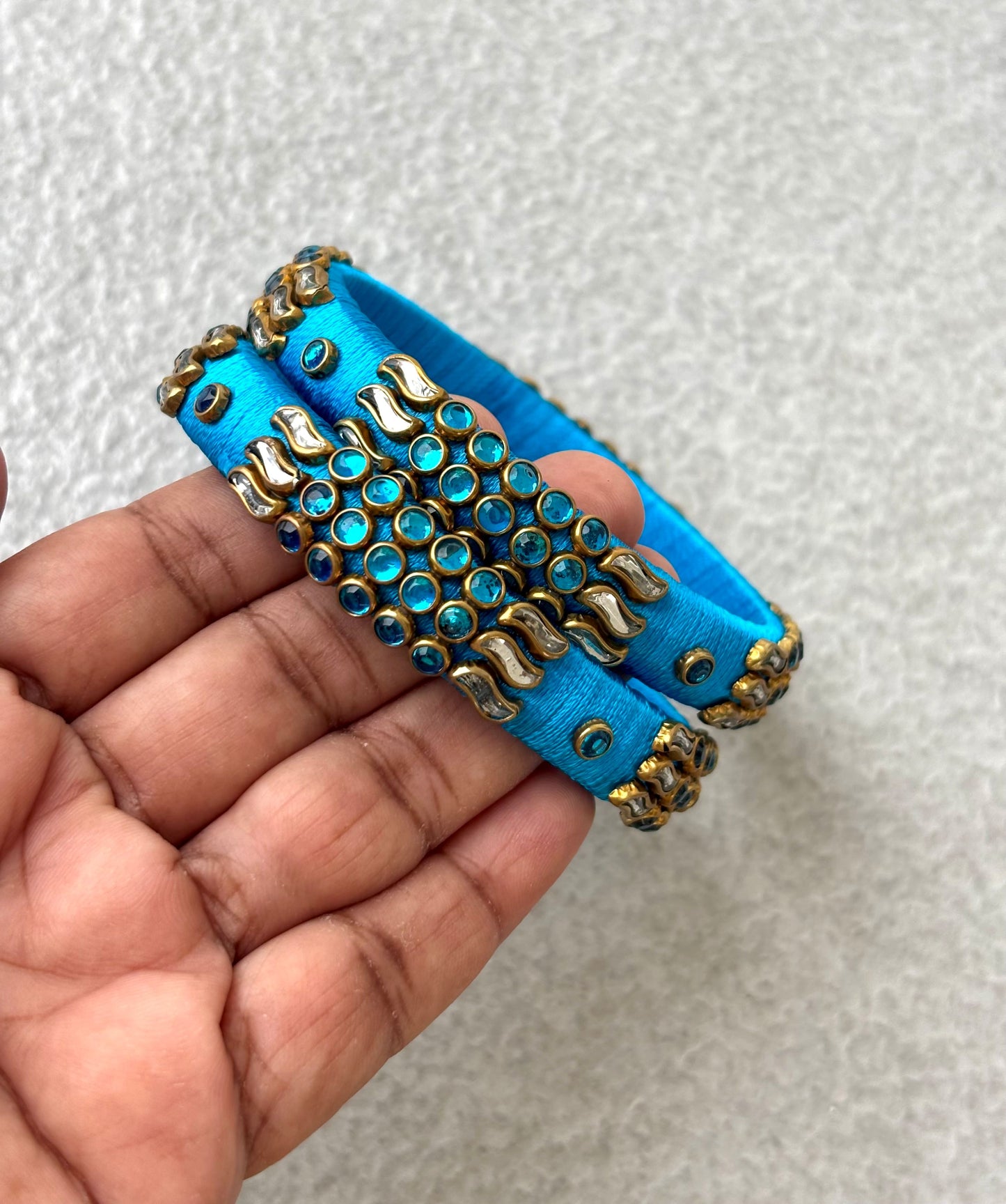 Sky Blue Bangles with Rhinestone Work