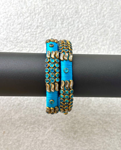 Sky Blue Bangles with Rhinestone Work