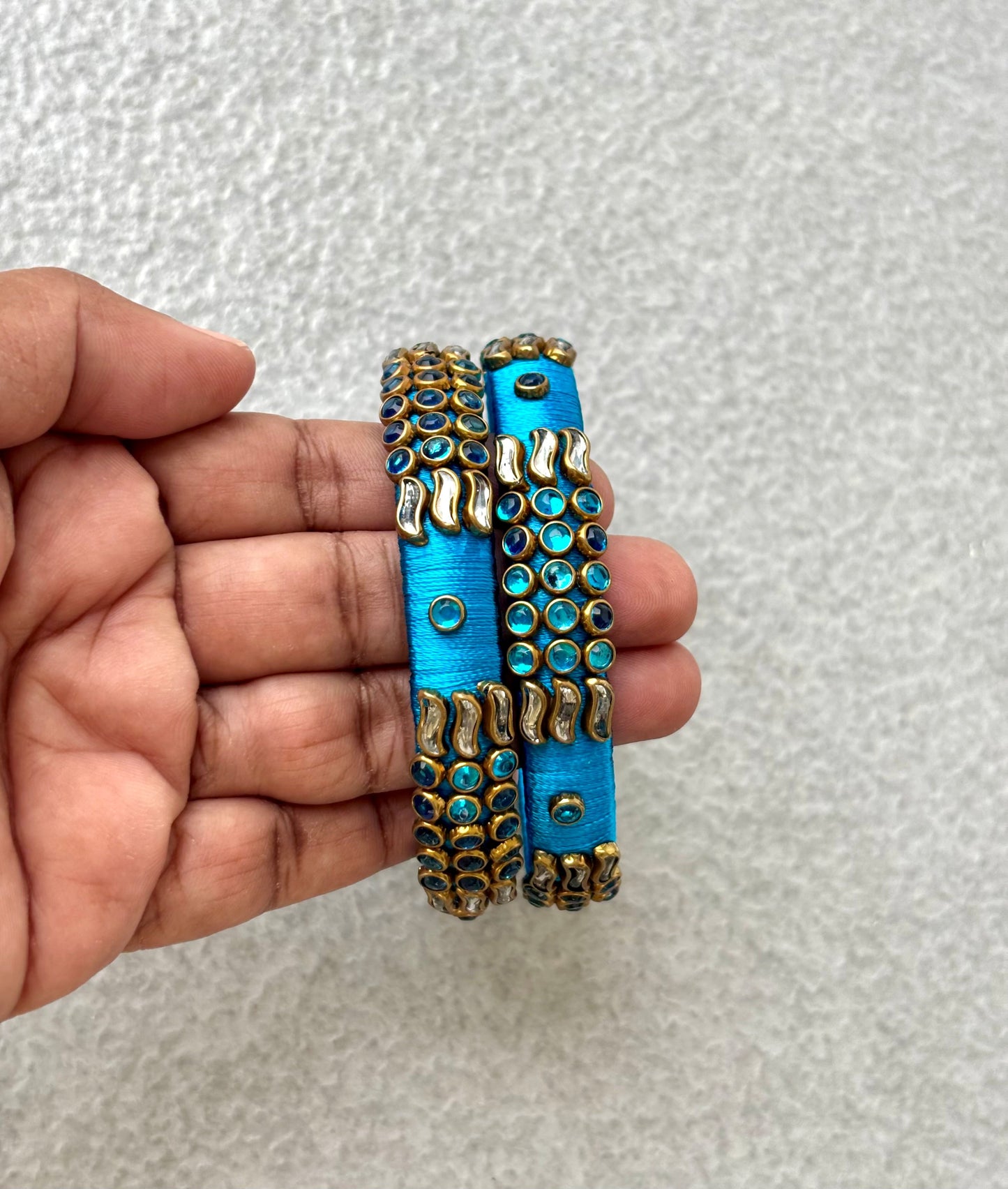 Sky Blue Bangles with Rhinestone Work