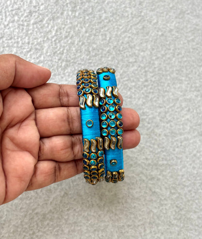 Sky Blue Bangles with Rhinestone Work