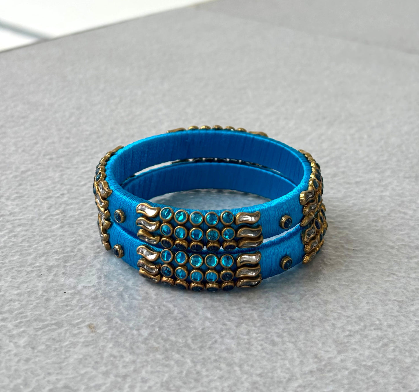 Sky Blue Bangles with Rhinestone Work