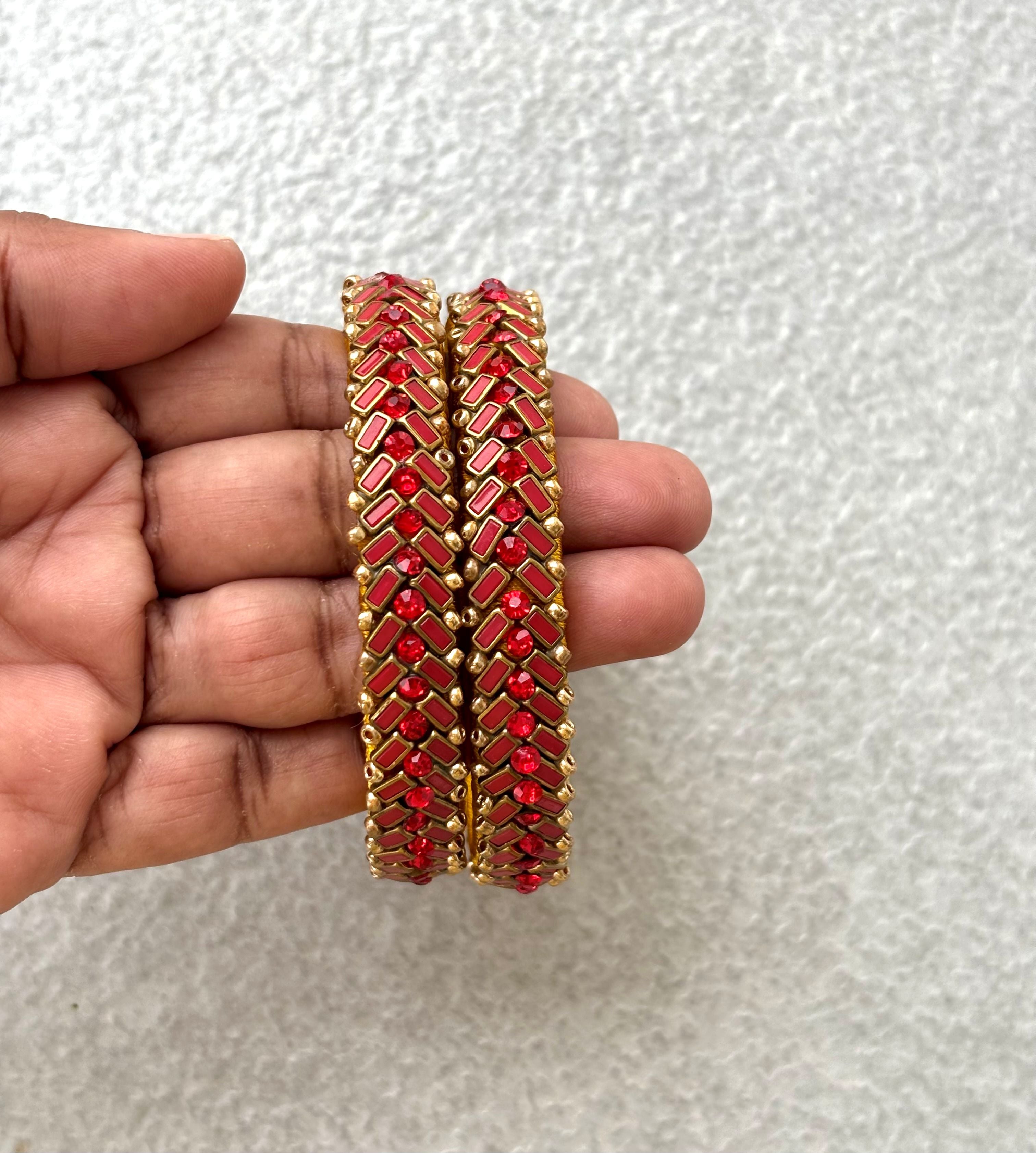 Yellow Bangles with Red Rhinestone Work