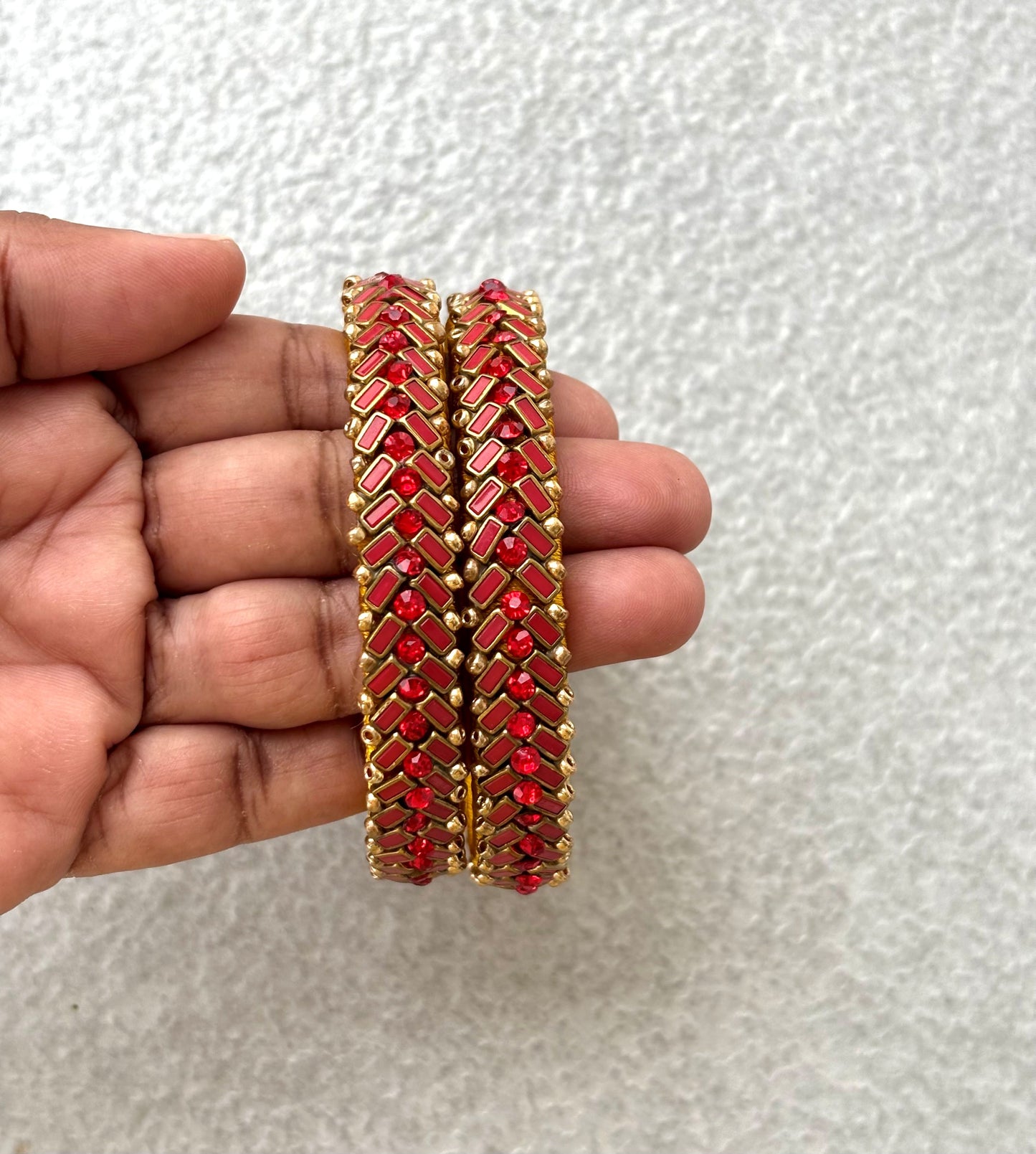 Yellow Bangles with Red Rhinestone Work