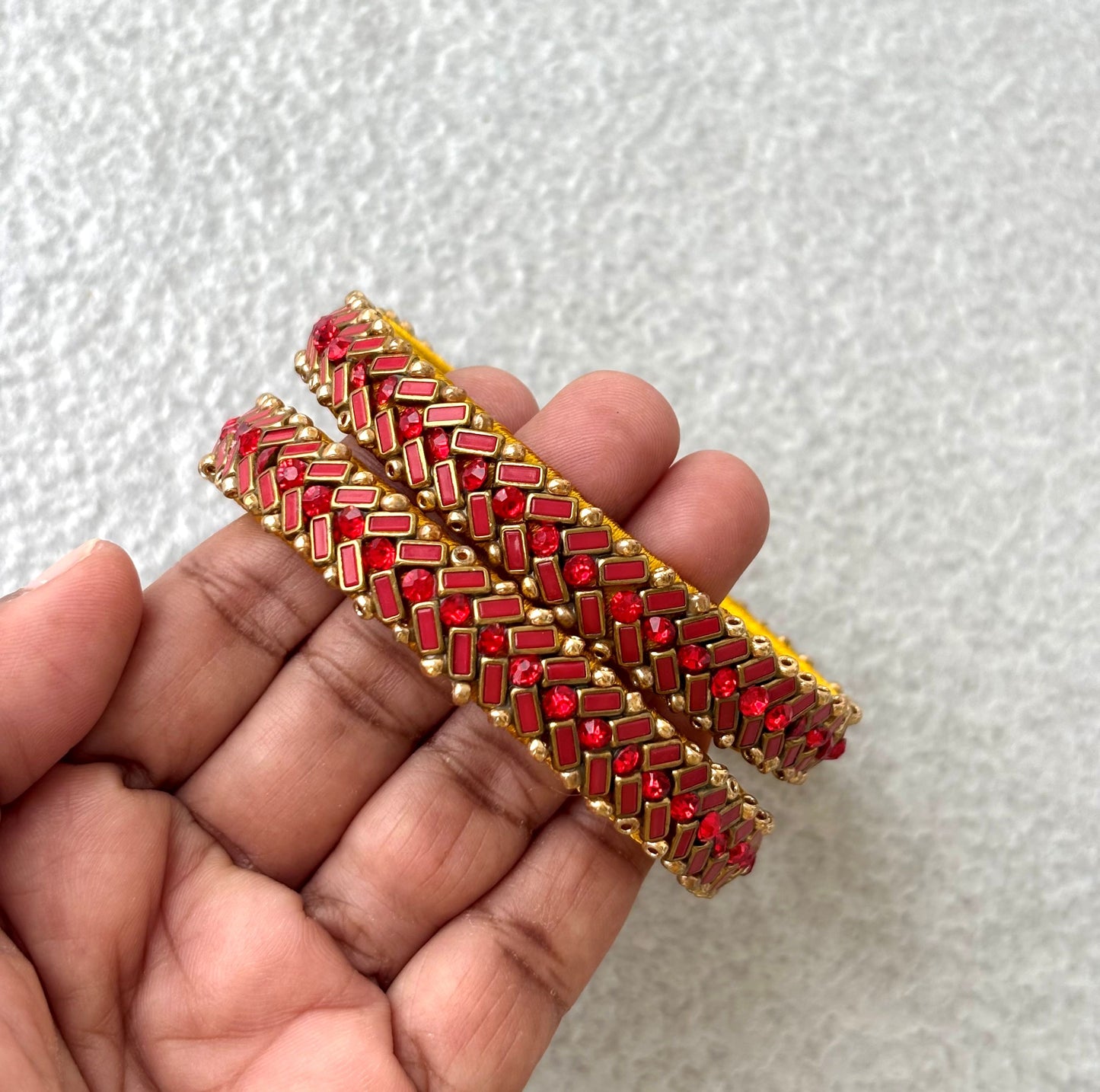 Yellow Bangles with Red Rhinestone Work
