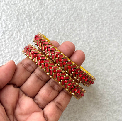 Yellow Bangles with Red Rhinestone Work