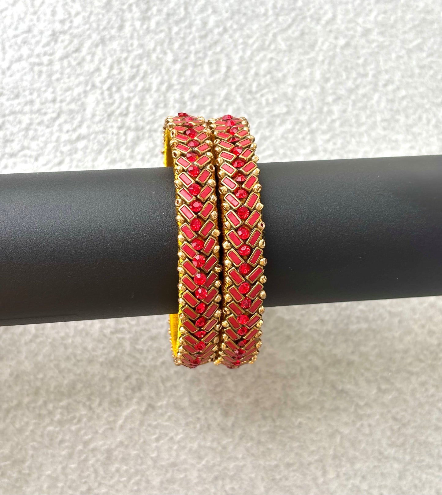 Yellow Bangles with Red Rhinestone Work