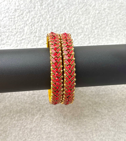 Yellow Bangles with Red Rhinestone Work
