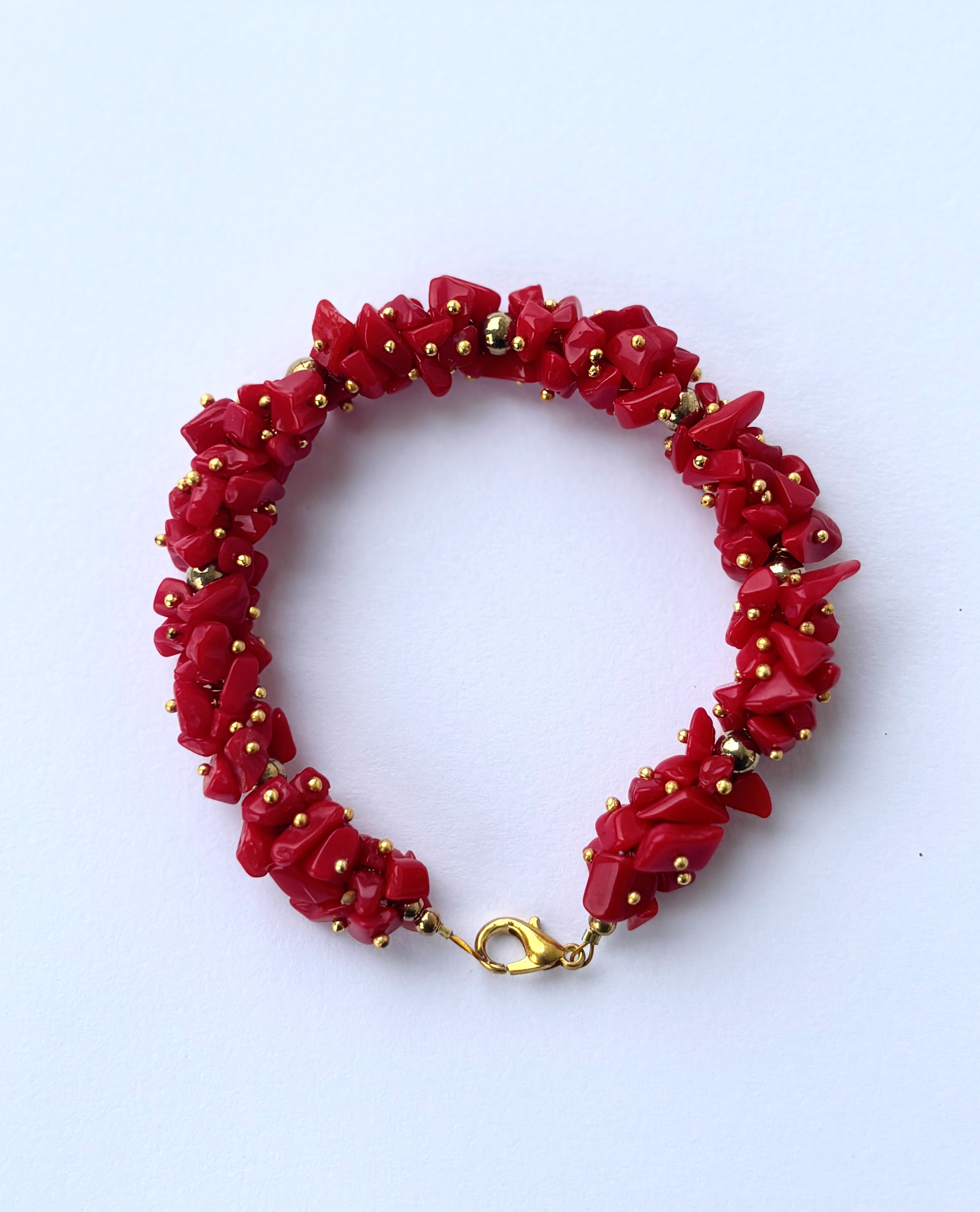 Red Coral Chip Bracelet with Gold Spacer Beads