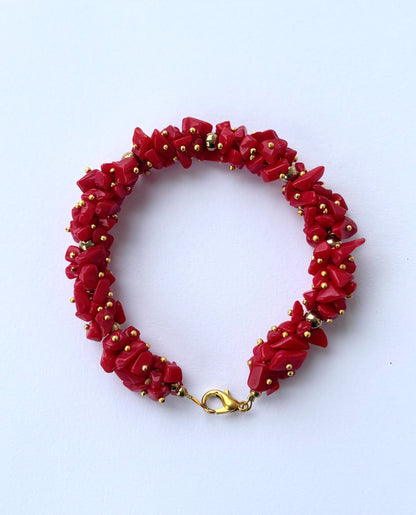 Red Coral Chip Bracelet with Gold Spacer Beads