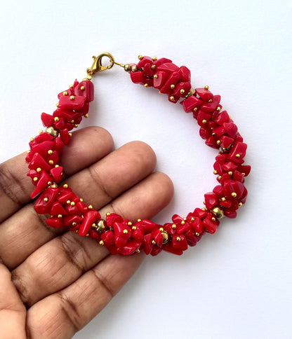 Red Coral Chip Bracelet with Gold Spacer Beads