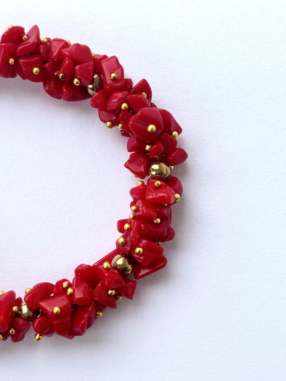 Red Coral Chip Bracelet with Gold Spacer Beads