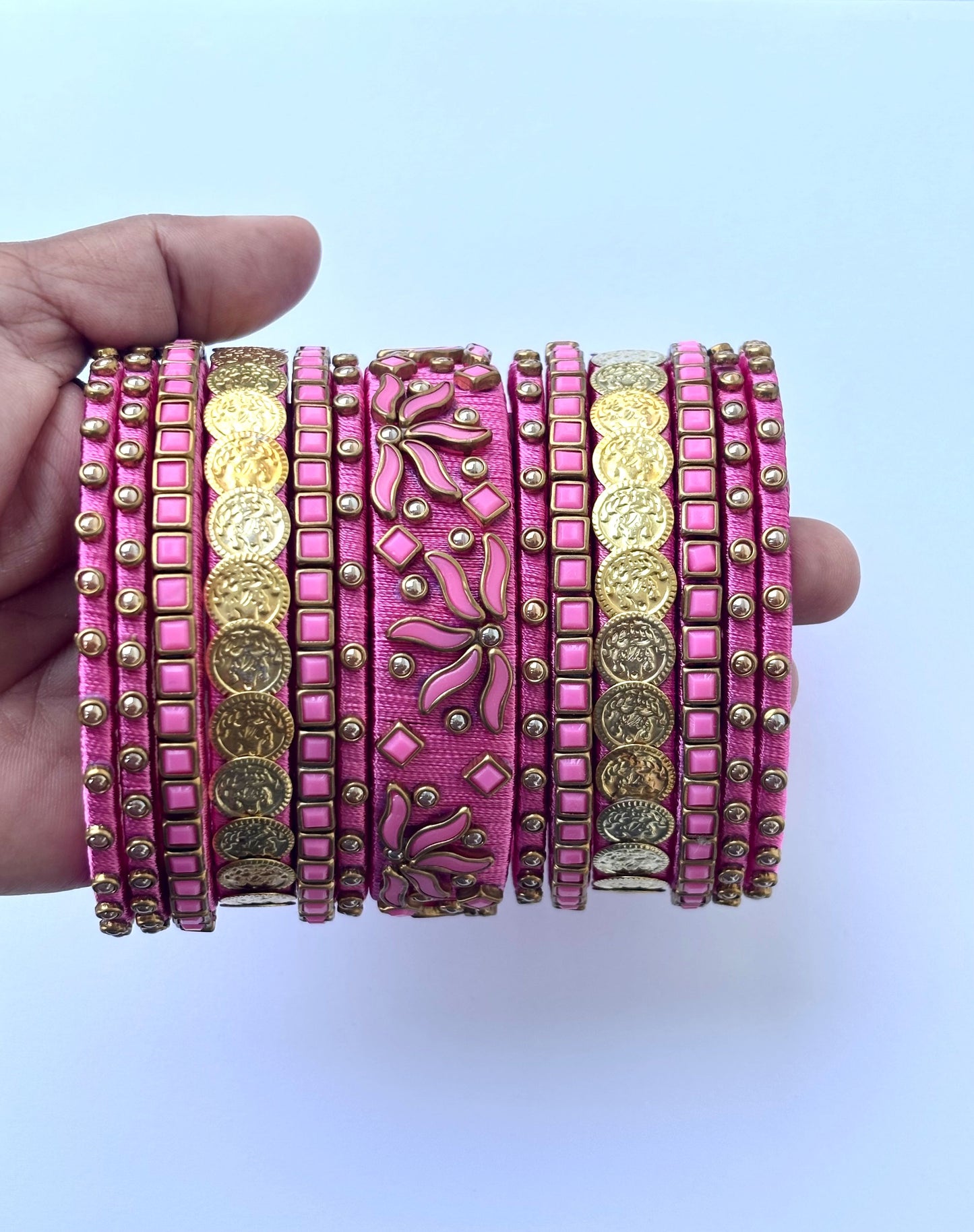 Pink Silk Thread Bangle Set with Stone Work