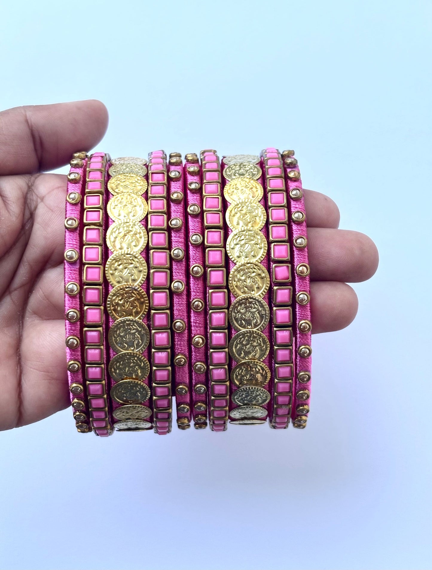 Pink Silk Thread Bangle Set with Stone Work