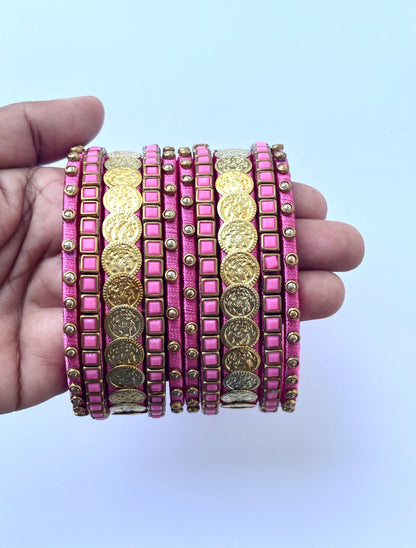 Pink Silk Thread Bangle Set with Stone Work