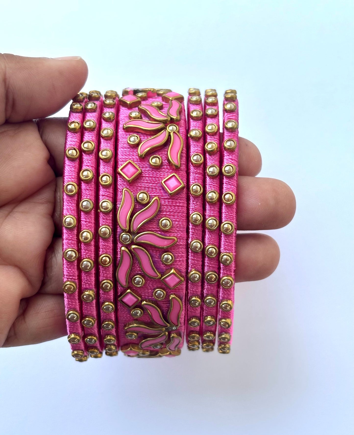 Pink Silk Thread Bangle Set with Stone Work