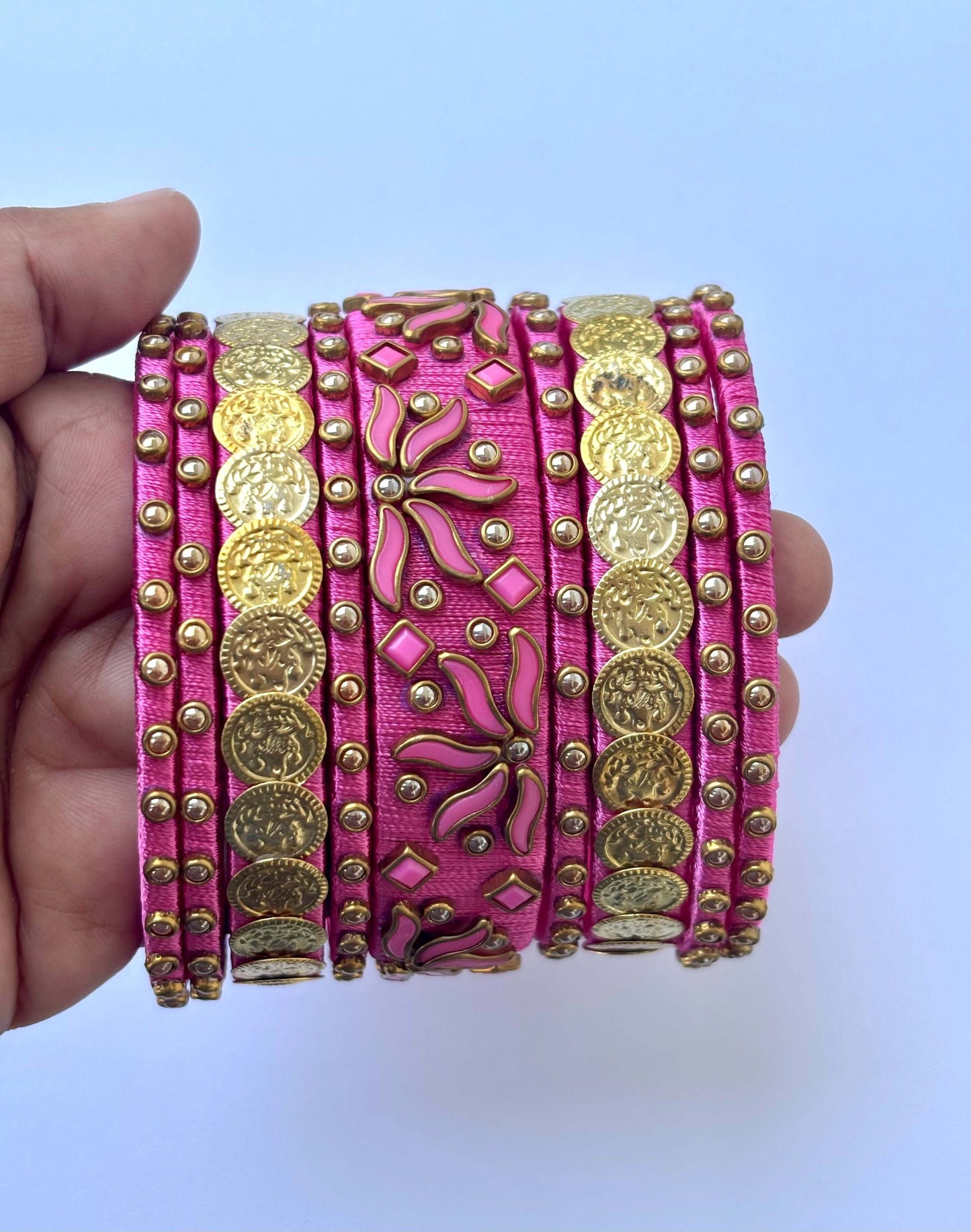 Pink Silk Thread Bangle Set with Stone Work