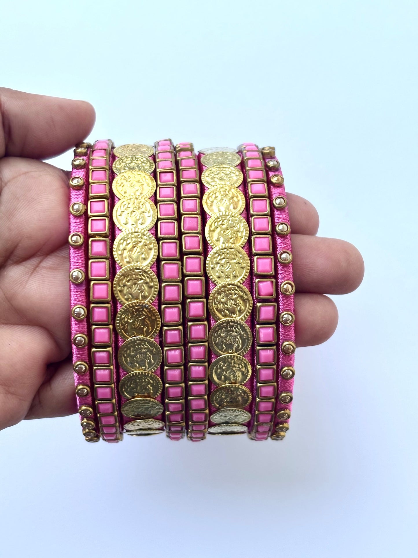 Pink Silk Thread Bangle Set with Stone Work