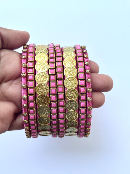 Pink Silk Thread Bangle Set with Stone Work