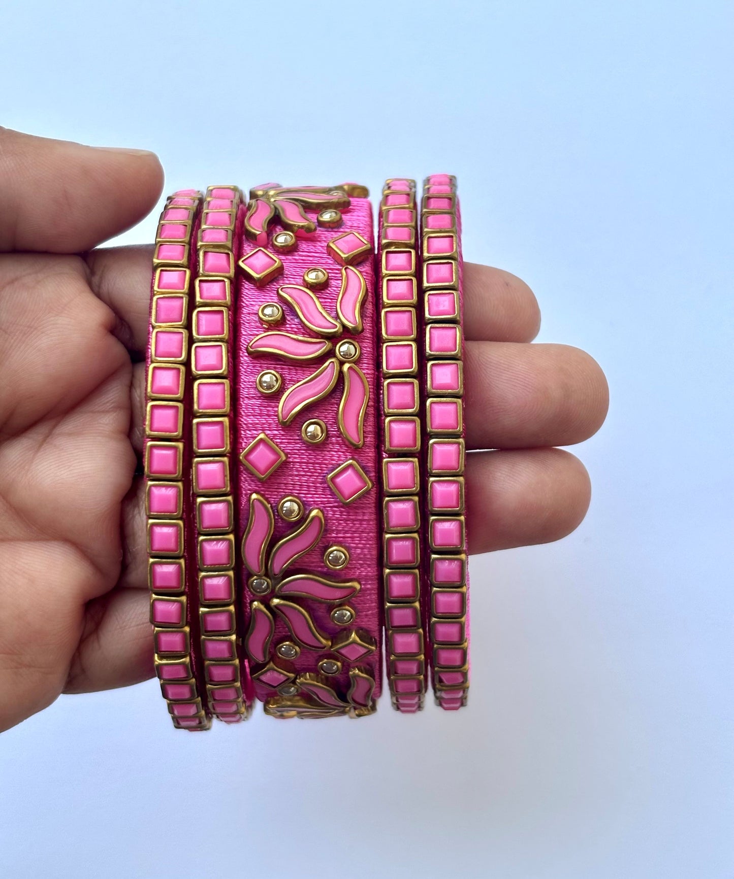 Pink Silk Thread Bangle Set with Stone Work