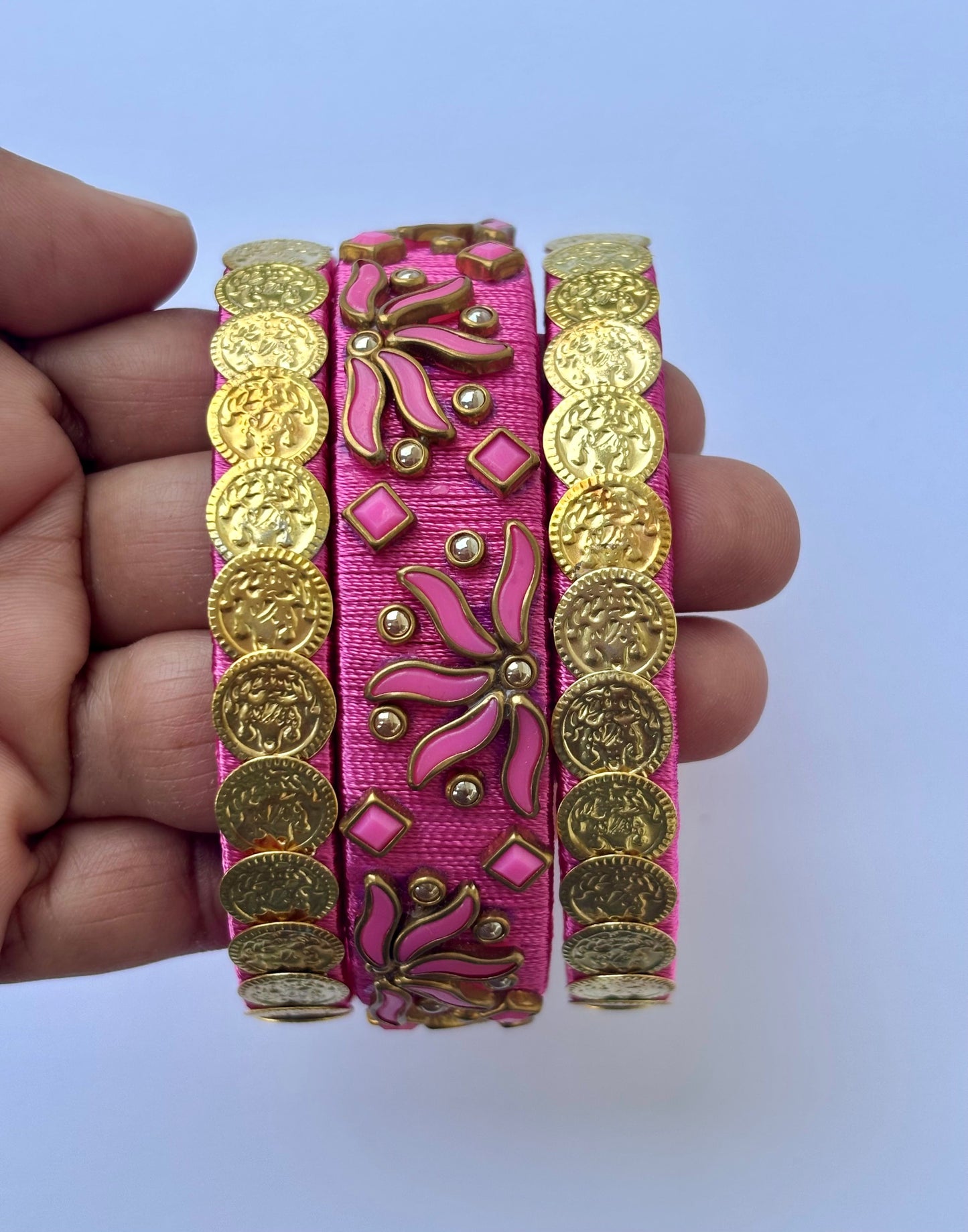 Pink Silk Thread Bangle Set with Stone Work
