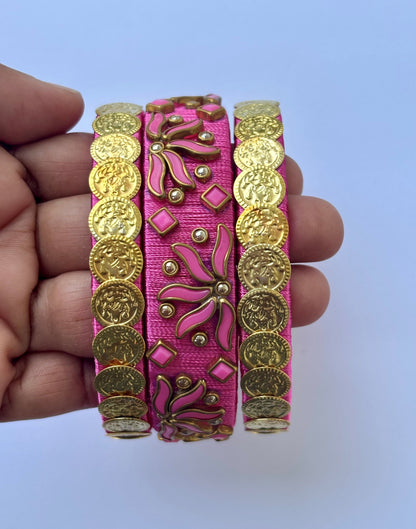 Pink Silk Thread Bangle Set with Stone Work