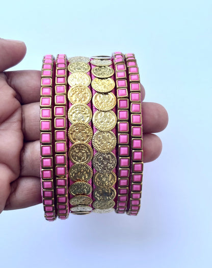 Pink Silk Thread Bangle Set with Stone Work