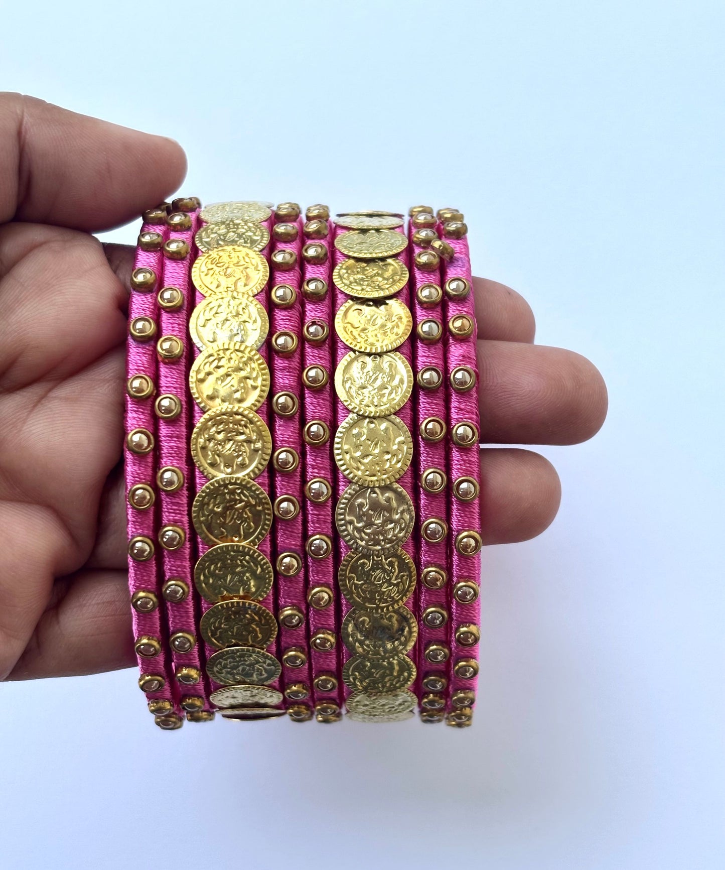 Pink Silk Thread Bangle Set with Stone Work