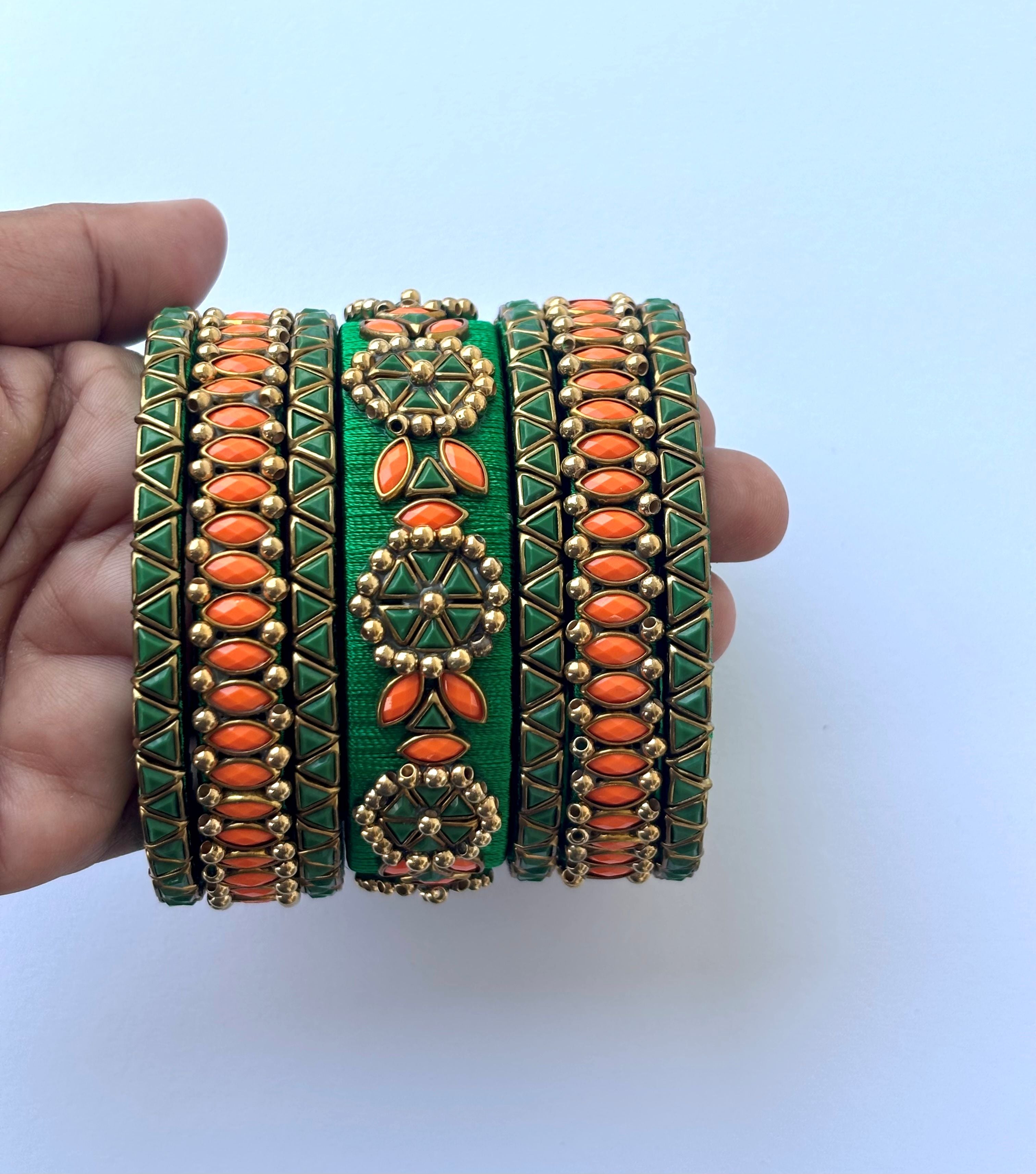 Green and Orange Silk Thread Bangle Set