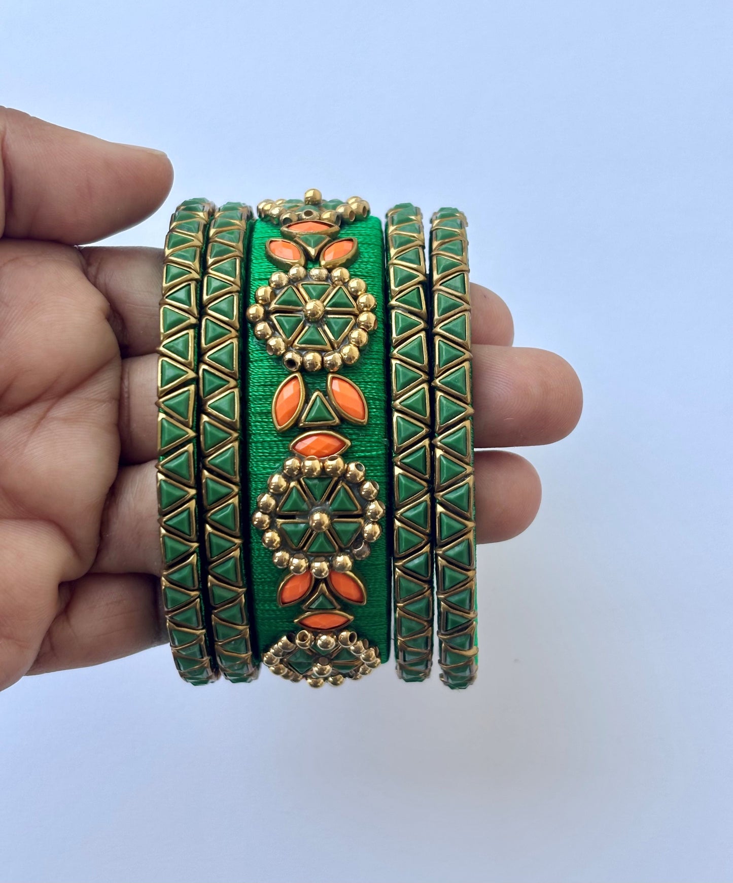 Green and Orange Silk Thread Bangle Set