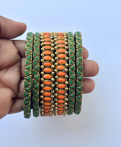 Green and Orange Silk Thread Bangle Set