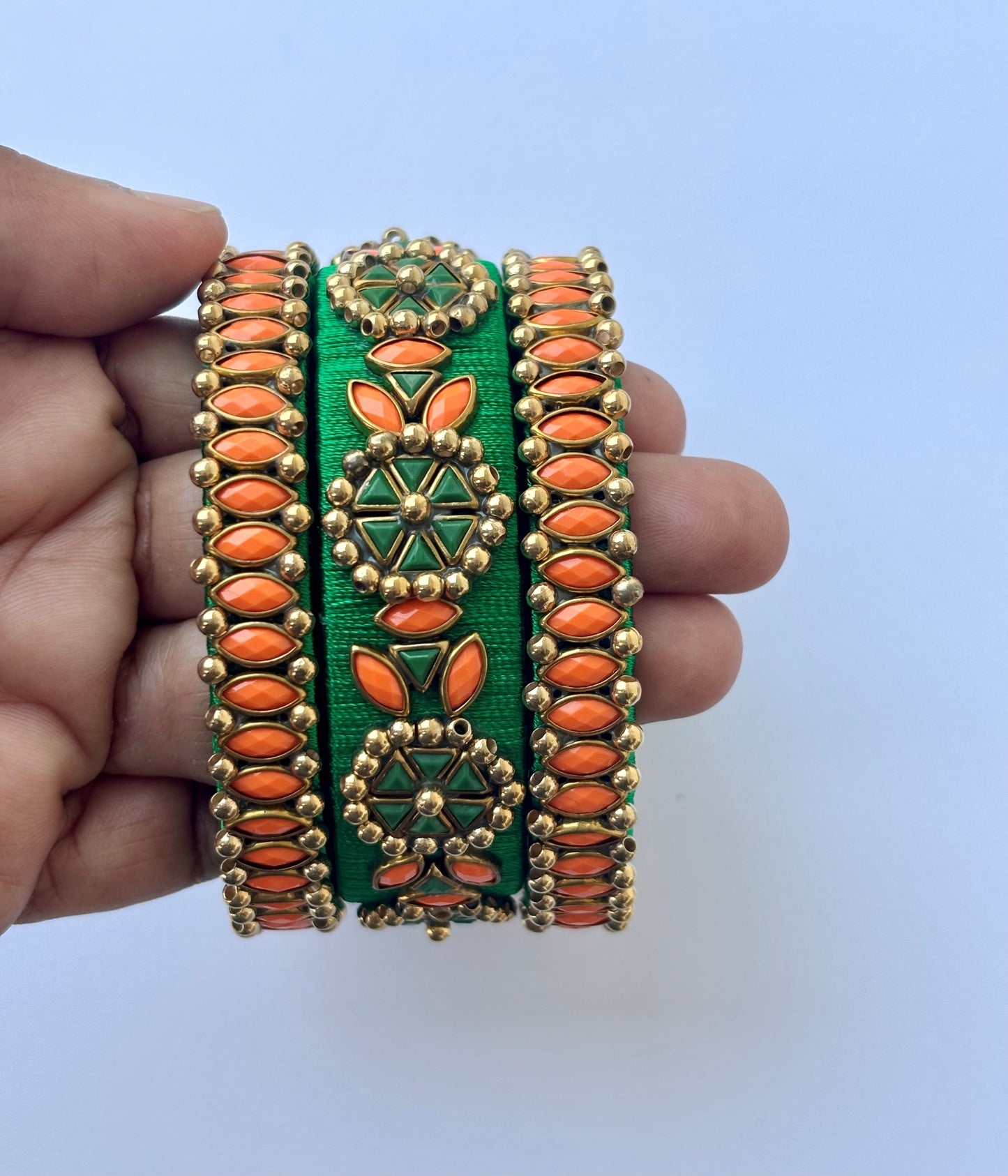 Green and Orange Silk Thread Bangle Set