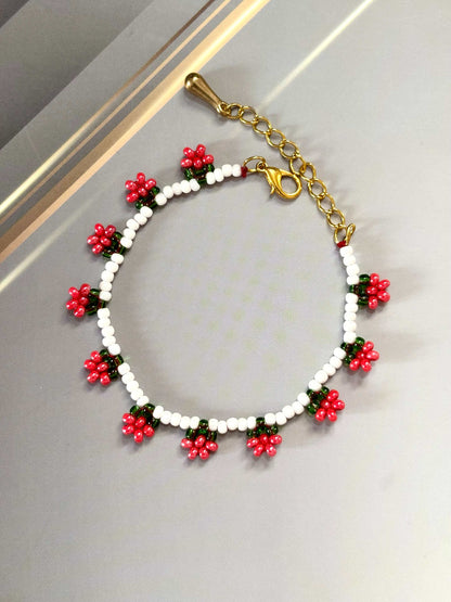 Red Flower Daisy Chain Seed Bead Bracelet