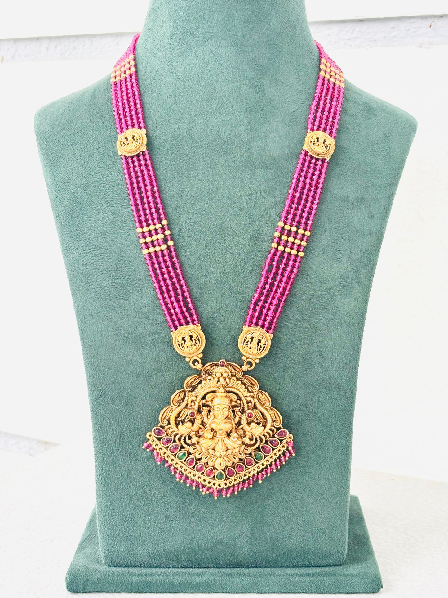 Antique Gold Temple Necklace with Pink Beads