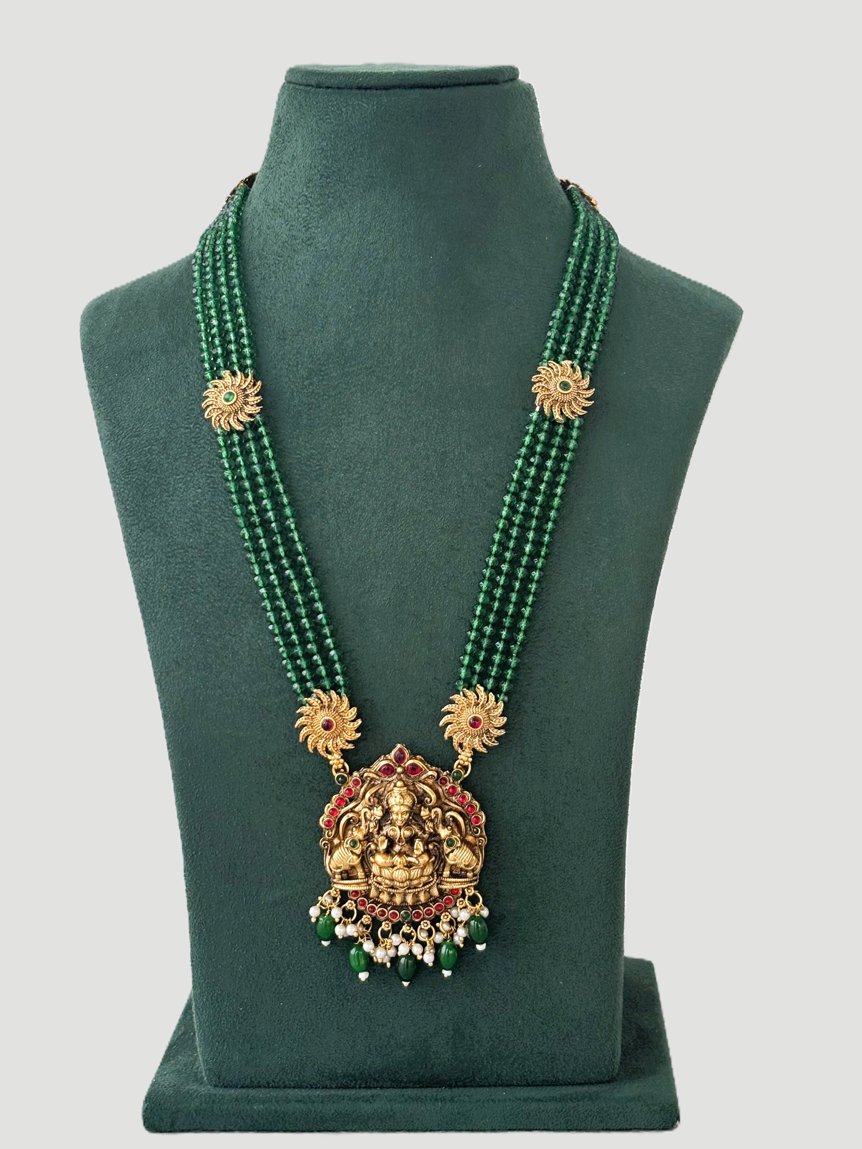 Antique Gold Temple Necklace with Green Beads