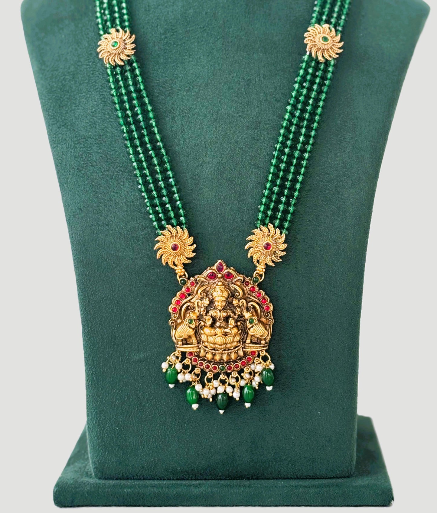 Antique Gold Temple Necklace with Green Beads