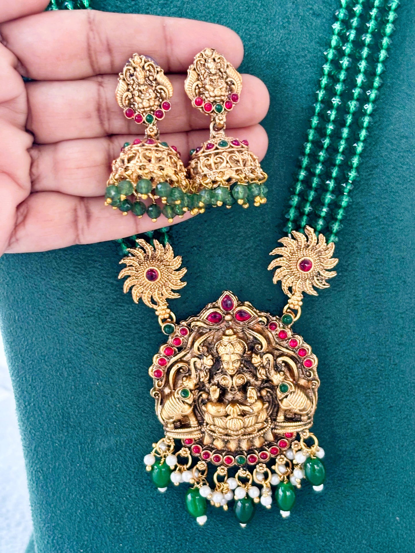 Antique Gold Temple Necklace with Green Beads