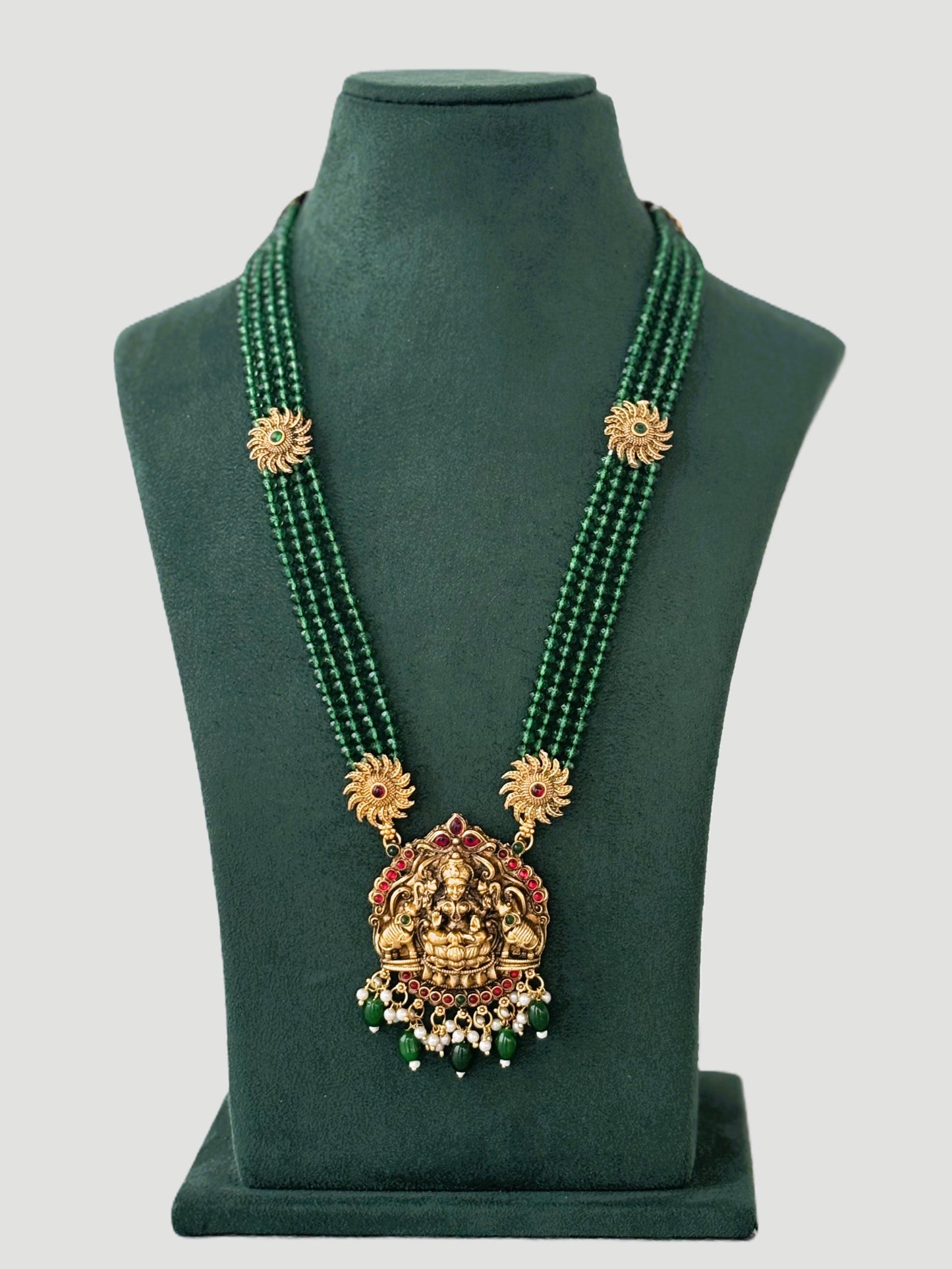 Antique Gold Temple Necklace with Green Beads