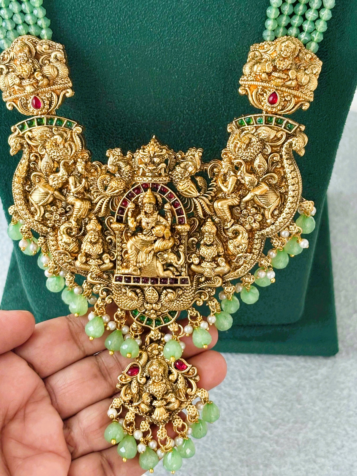 Antique Gold Ornate Mint Green Temple Necklace