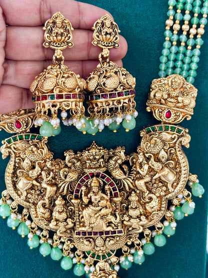 Antique Gold Ornate Mint Green Temple Necklace