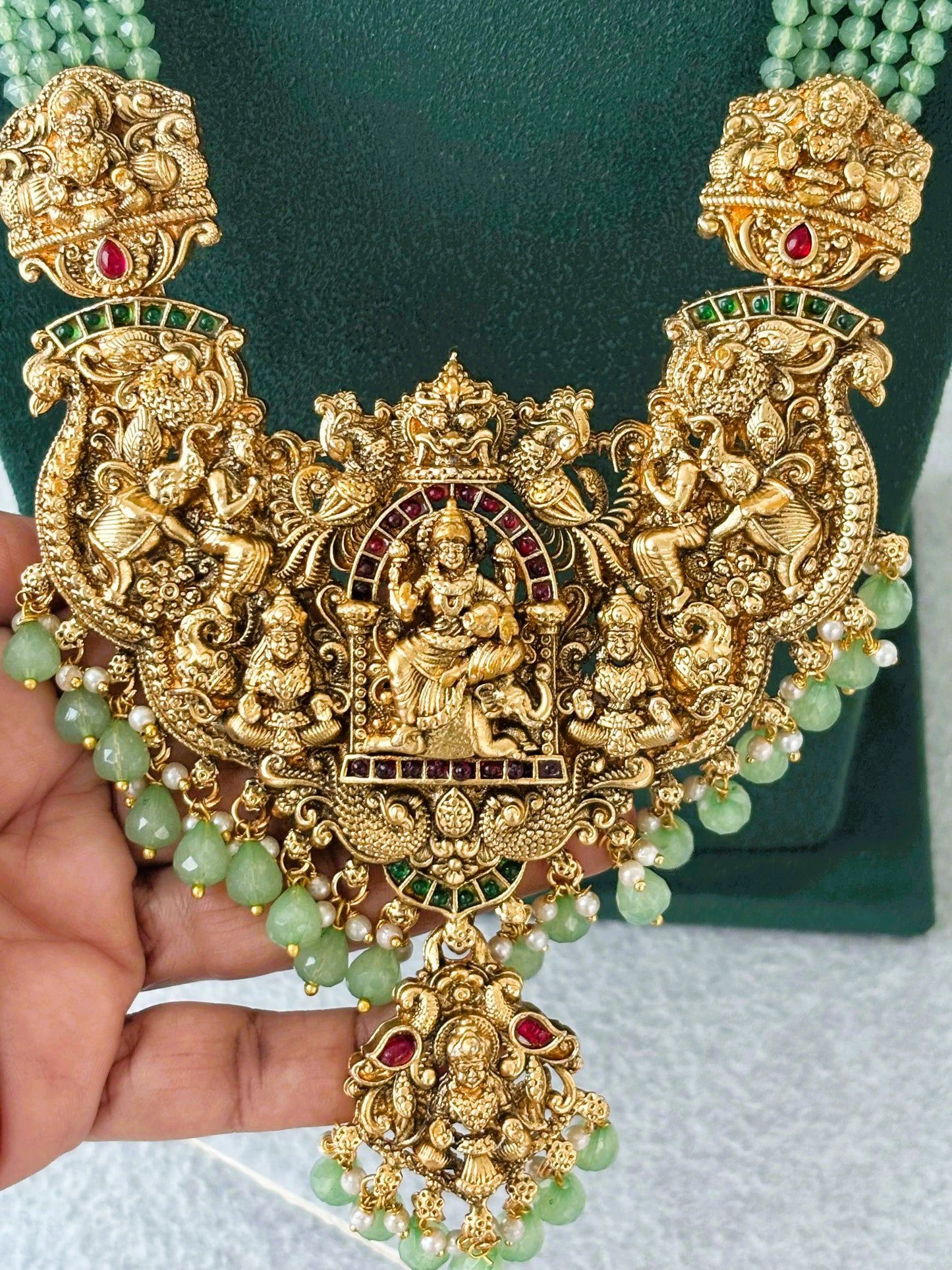 Antique Gold Ornate Mint Green Temple Necklace