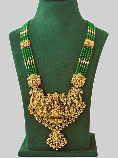 Antique Gold Ornate Leaf Green Temple Necklace
