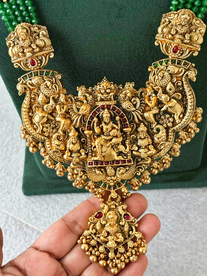 Antique Gold Ornate Leaf Green Temple Necklace