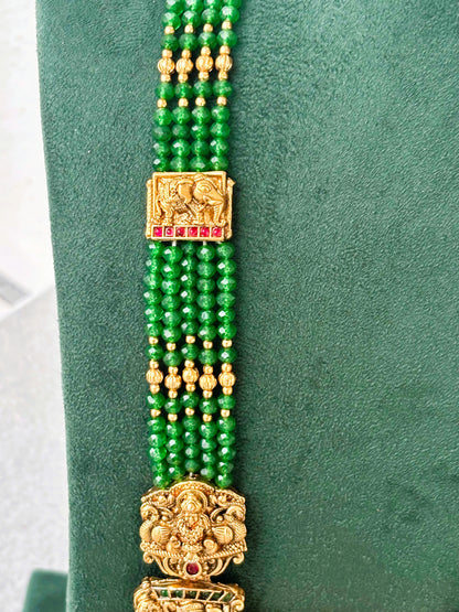 Antique Gold Ornate Leaf Green Temple Necklace