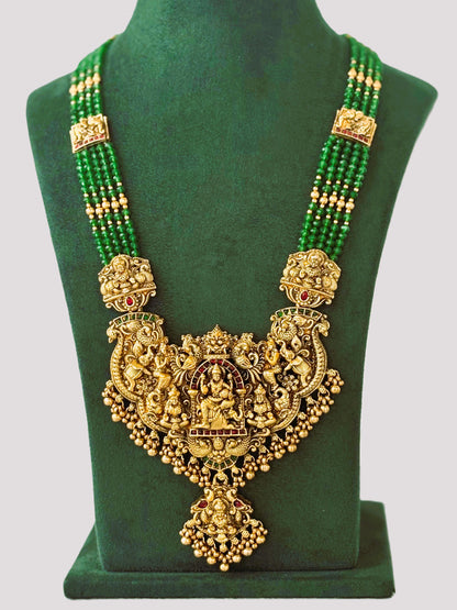 Antique Gold Ornate Leaf Green Temple Necklace