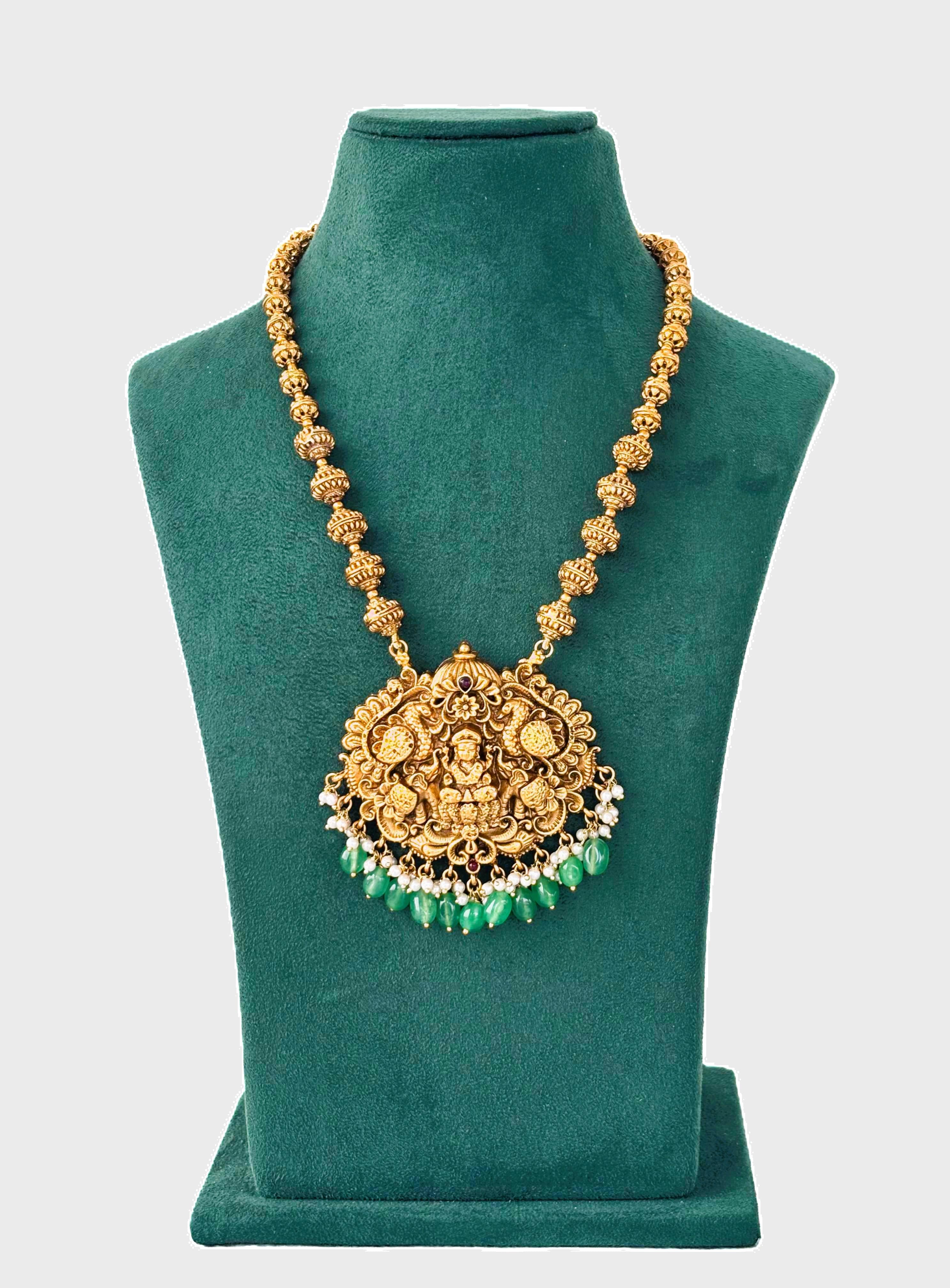 Lakshmi Temple Necklace with Green Beads and Pearls