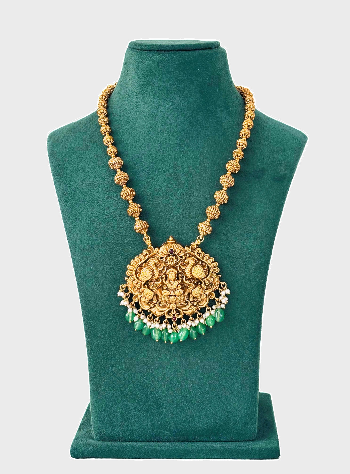 Lakshmi Temple Necklace with Green Beads and Pearls